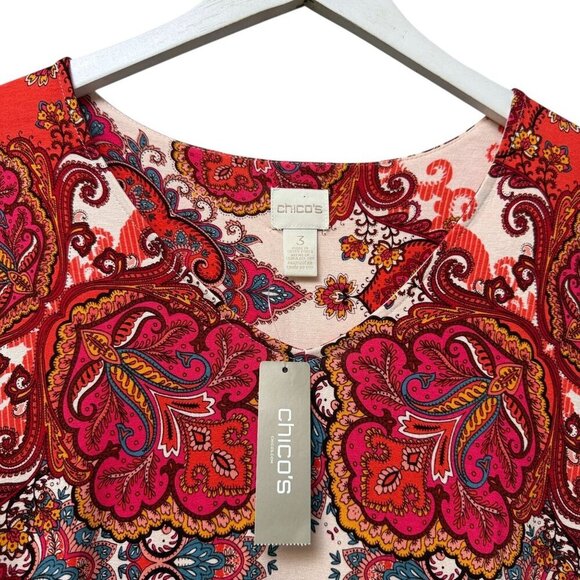 CHICO'S Paisley Tee XL (Chicos 3) Red Orange Rayon Blend Jersey Tunic Top NWT - Picture 2 of 8